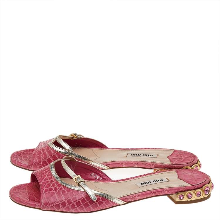 Pre Owned Miu Miu Pink Croc Embossed Leather Crystal Embellished Flat Slides Size 37