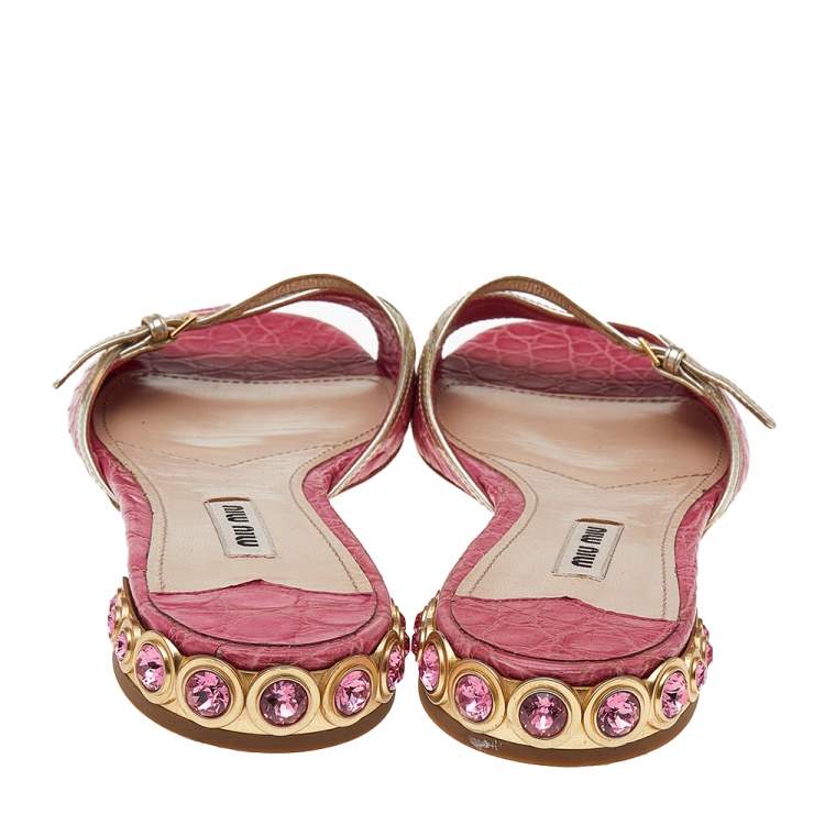 Pre Owned Miu Miu Pink Croc Embossed Leather Crystal Embellished Flat Slides Size 37