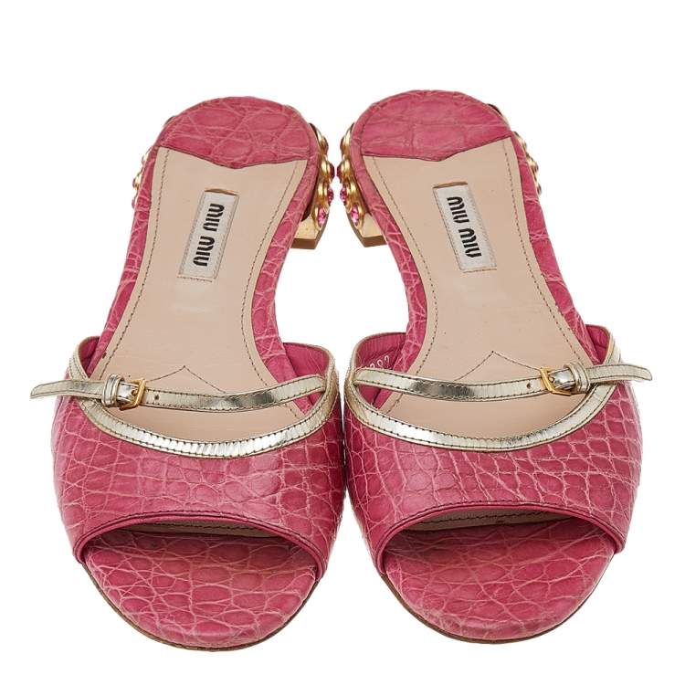 Pre Owned Miu Miu Pink Croc Embossed Leather Crystal Embellished Flat Slides Size 37