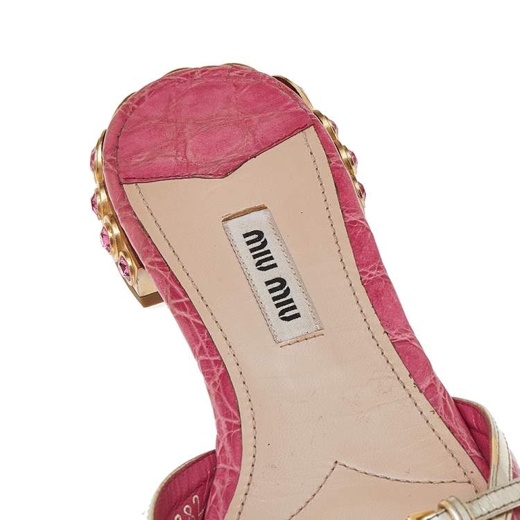 Pre Owned Miu Miu Pink Croc Embossed Leather Crystal Embellished Flat Slides Size 37