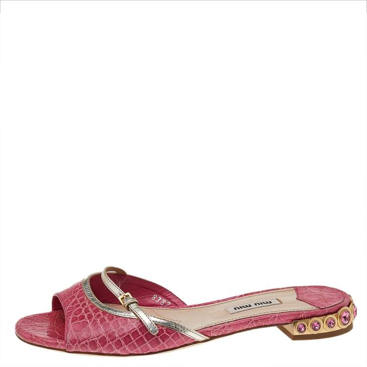 Pre Owned Miu Miu Pink Croc Embossed Leather Crystal Embellished Flat Slides Size 37