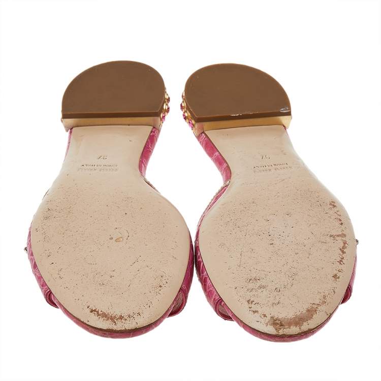 Pre Owned Miu Miu Pink Croc Embossed Leather Crystal Embellished Flat Slides Size 37