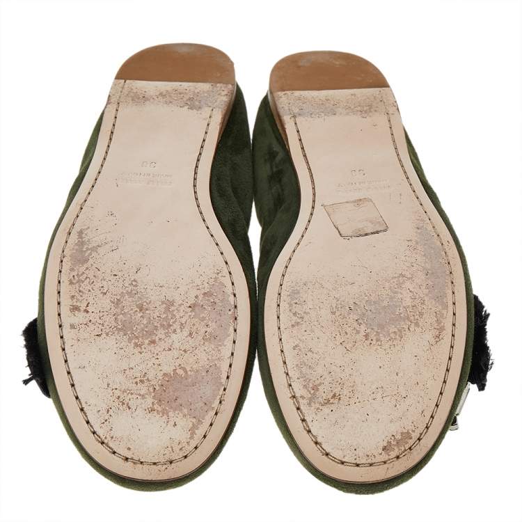 Pre Owned Miu Miu Olive Green Suede Crystal Embellished Scrunch Ballet Flats Size 38
