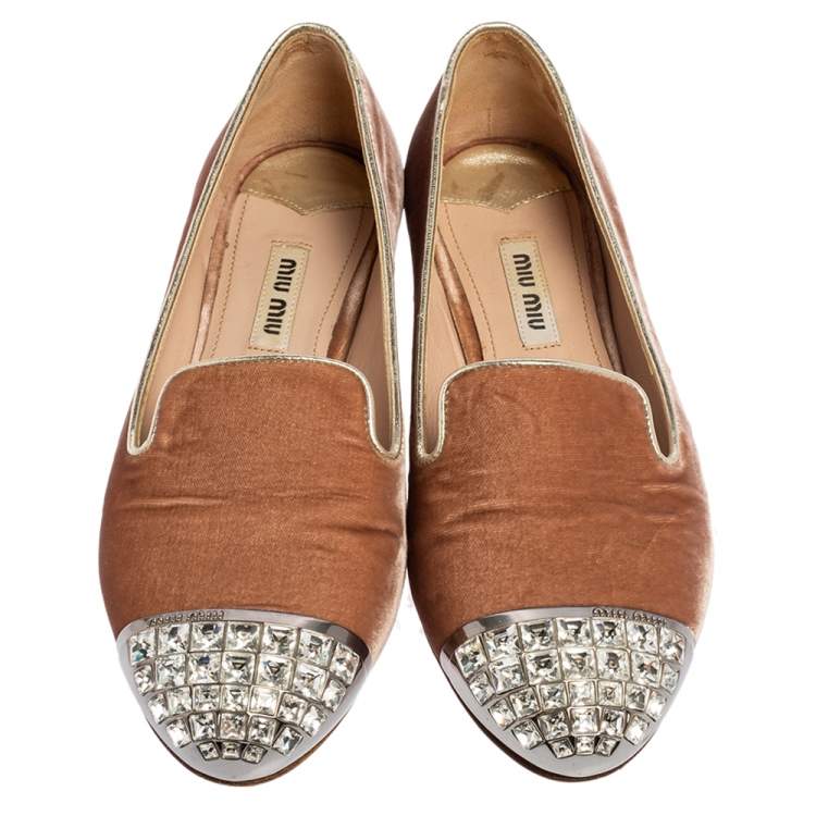 Pre Owned Miu Miu Beige Velvet Embellished Cap Toe Slip On Sneakers Size 35