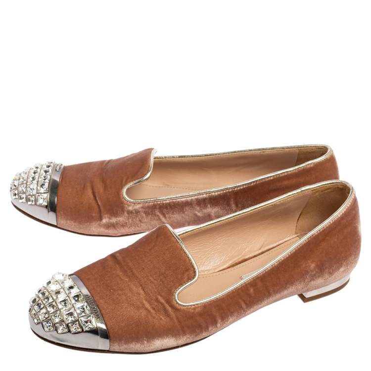 Pre Owned Miu Miu Beige Velvet Embellished Cap Toe Slip On Sneakers Size 35