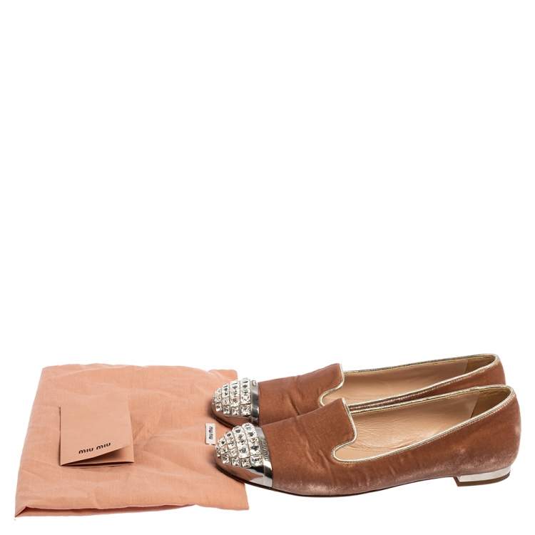 Pre Owned Miu Miu Beige Velvet Embellished Cap Toe Slip On Sneakers Size 35