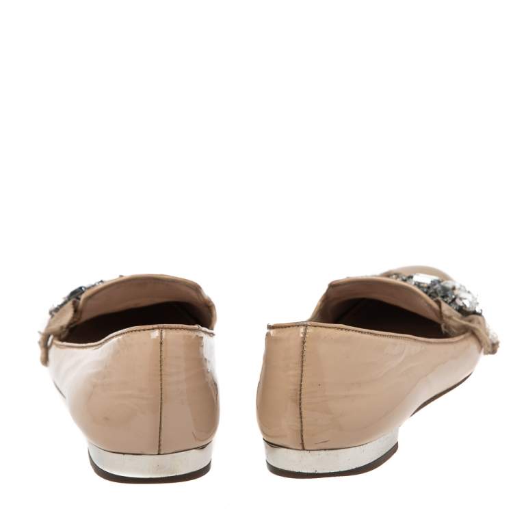 Pre Owned Miu Miu Nude Patent Leather Crystals Bow Ballet Flats Size 37