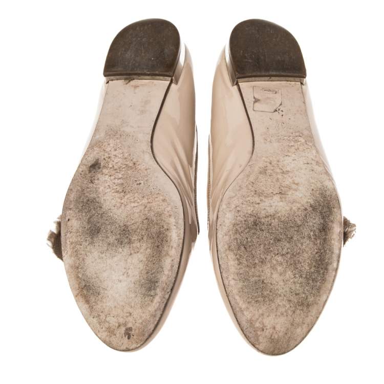 Pre Owned Miu Miu Nude Patent Leather Crystals Bow Ballet Flats Size 37