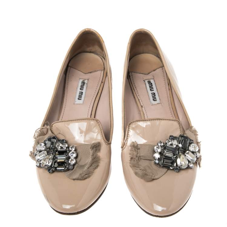 Pre Owned Miu Miu Nude Patent Leather Crystals Bow Ballet Flats Size 37
