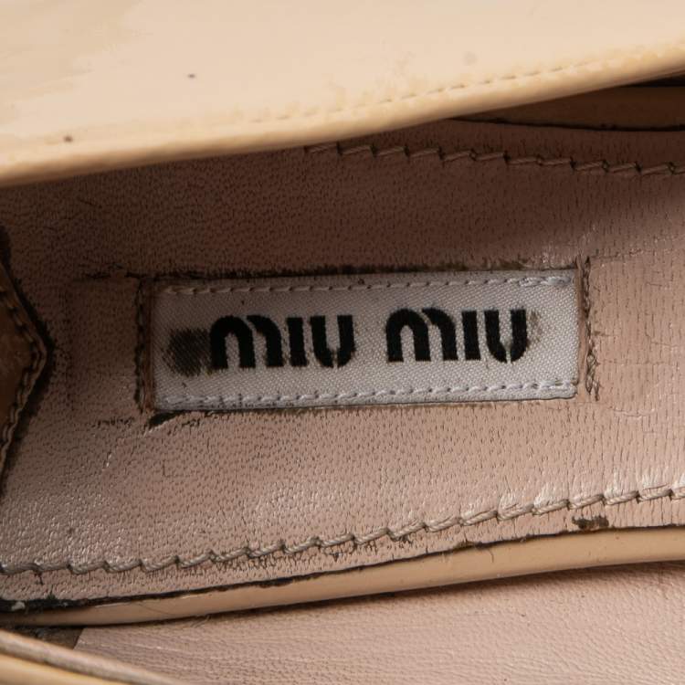 Pre Owned Miu Miu Nude Patent Leather Crystals Bow Ballet Flats Size 37