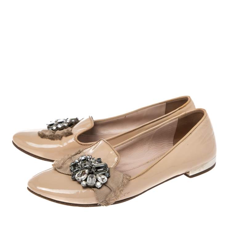 Pre Owned Miu Miu Nude Patent Leather Crystals Bow Ballet Flats Size 37
