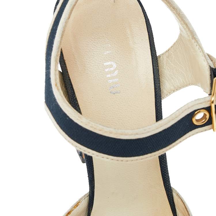 Pre Owned Miu Miu Navy Blue/Beige Canvas Crystal Embellished Ankle Strap Block Heel Sandals Size 37