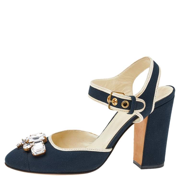Pre Owned Miu Miu Navy Blue/Beige Canvas Crystal Embellished Ankle Strap Block Heel Sandals Size 37
