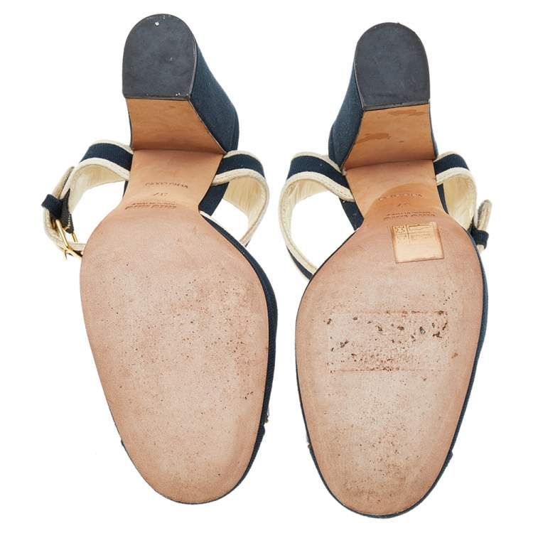 Pre Owned Miu Miu Navy Blue/Beige Canvas Crystal Embellished Ankle Strap Block Heel Sandals Size 37