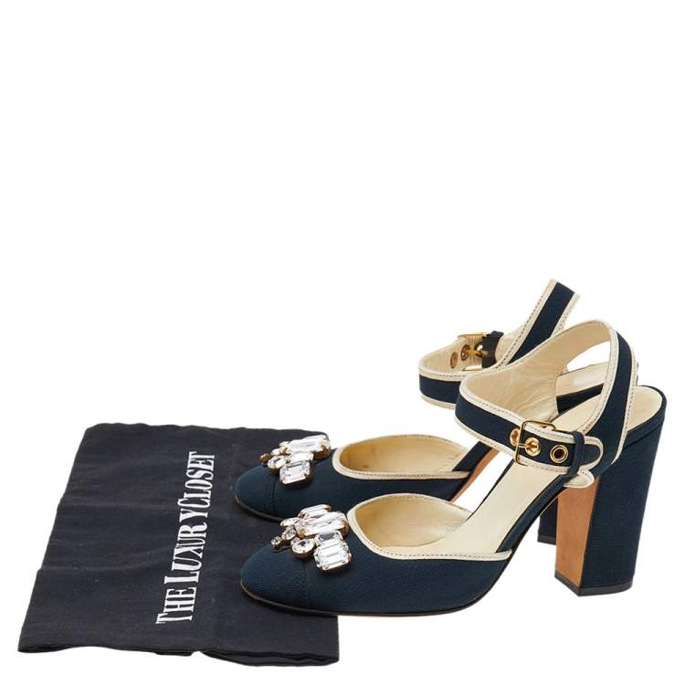 Pre Owned Miu Miu Navy Blue/Beige Canvas Crystal Embellished Ankle Strap Block Heel Sandals Size 37