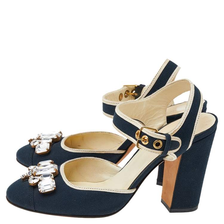 Pre Owned Miu Miu Navy Blue/Beige Canvas Crystal Embellished Ankle Strap Block Heel Sandals Size 37