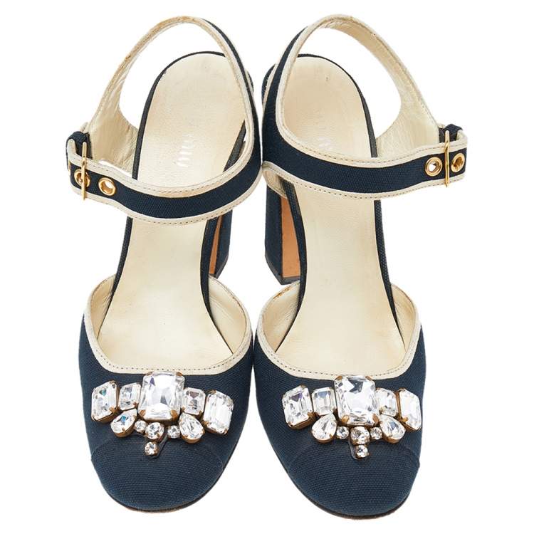 Pre Owned Miu Miu Navy Blue/Beige Canvas Crystal Embellished Ankle Strap Block Heel Sandals Size 37