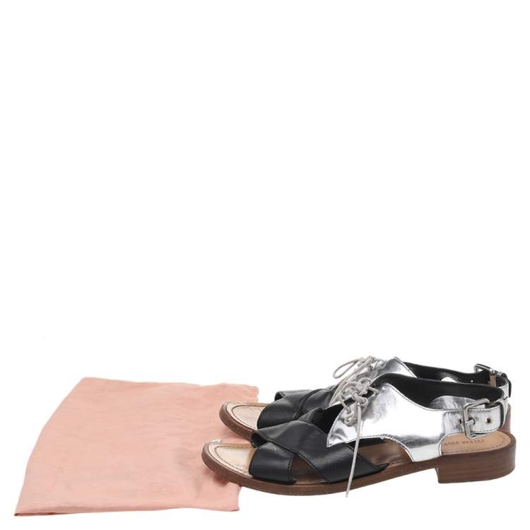 Pre Owned Miu Miu Silver-Black Patent Leather And Leather Lace Up Sandals Size 38