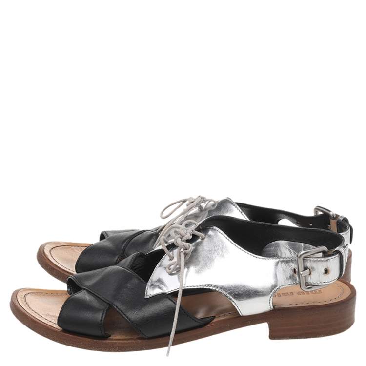 Pre Owned Miu Miu Silver-Black Patent Leather And Leather Lace Up Sandals Size 38