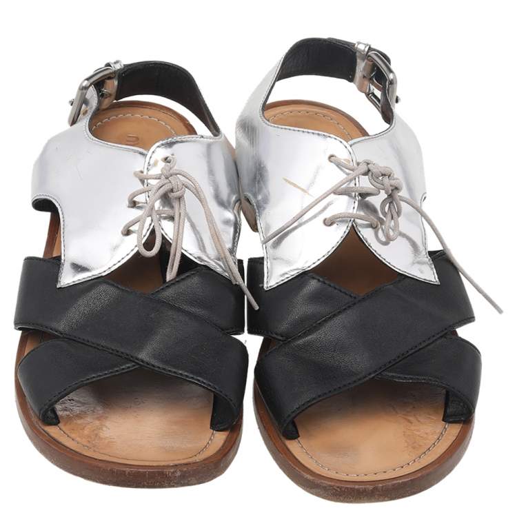 Pre Owned Miu Miu Silver-Black Patent Leather And Leather Lace Up Sandals Size 38