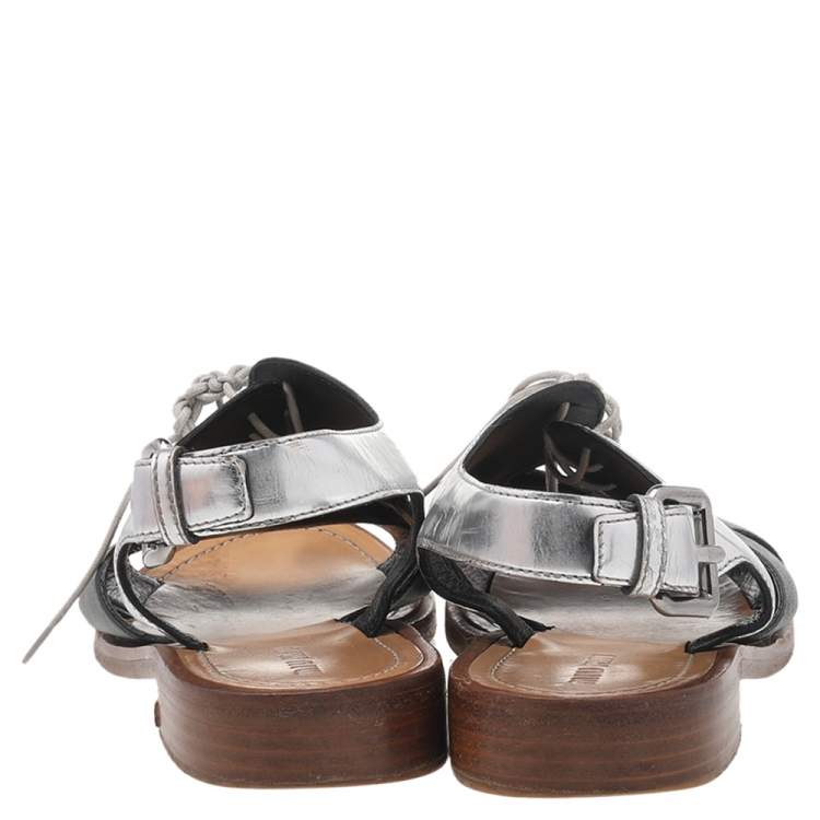 Pre Owned Miu Miu Silver-Black Patent Leather And Leather Lace Up Sandals Size 38