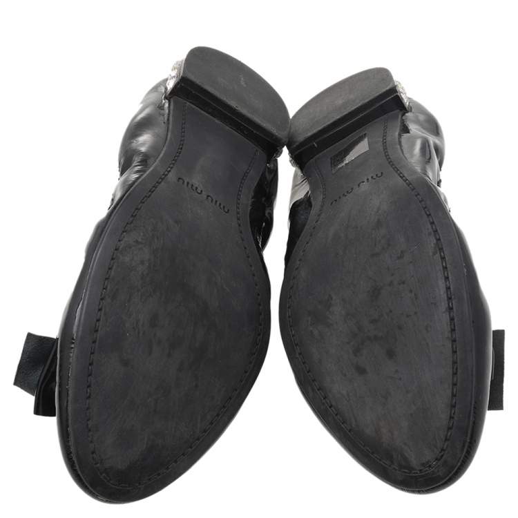 Pre Owned Miu Miu Black Patent Leather Bow Detail Crystal Embellished Heel Scrunch Ballet Flats Size 39