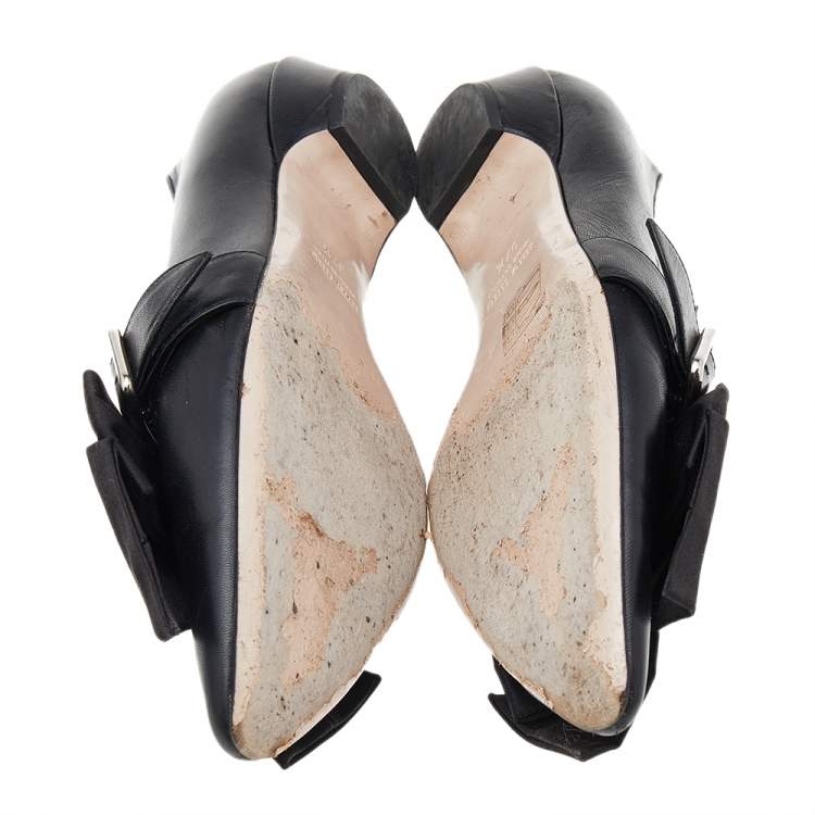 Pre Owned Miu Miu Black Satin And Leather Bow Slip On Loafers Size 37.5