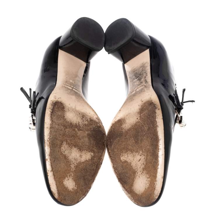 مملوكة مسبقًا Miu Miu Black Patent Leather Crystal Embellished Block Heel Pumps Size 36