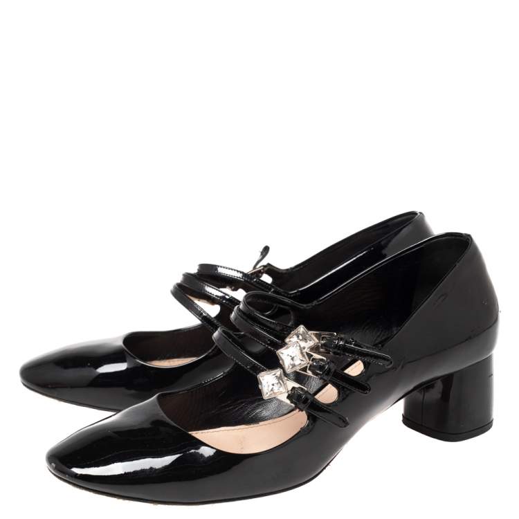 مملوكة مسبقًا Miu Miu Black Patent Leather Crystal Embellished Block Heel Pumps Size 36