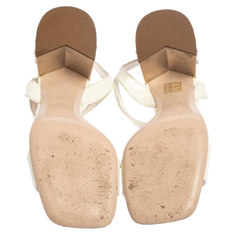 Pre Owned Miu Miu White Patent Leather Crystal Embellished Heel Ankle Strap Sandals Size 38
