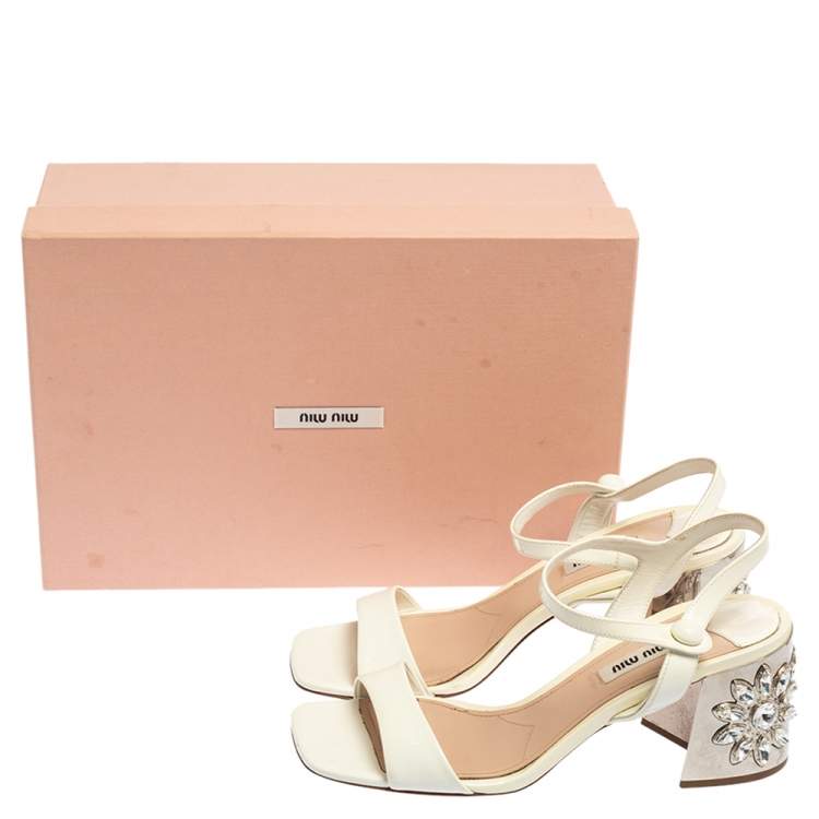 Pre Owned Miu Miu White Patent Leather Crystal Embellished Heel Ankle Strap Sandals Size 38