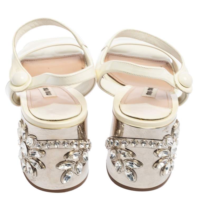 Pre Owned Miu Miu White Patent Leather Crystal Embellished Heel Ankle Strap Sandals Size 38