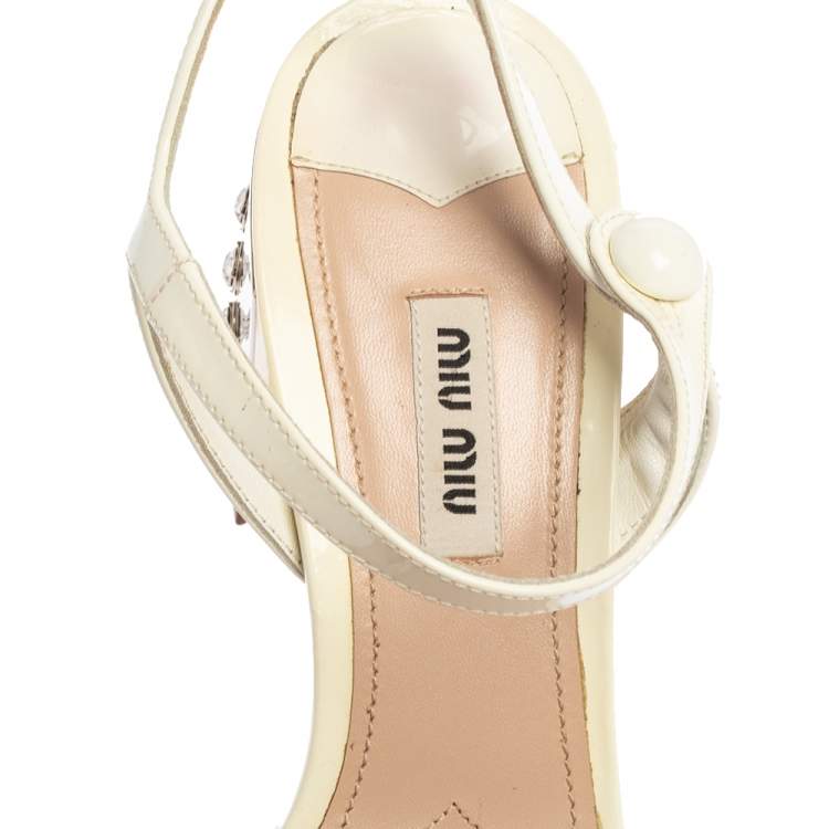 Pre Owned Miu Miu White Patent Leather Crystal Embellished Heel Ankle Strap Sandals Size 38