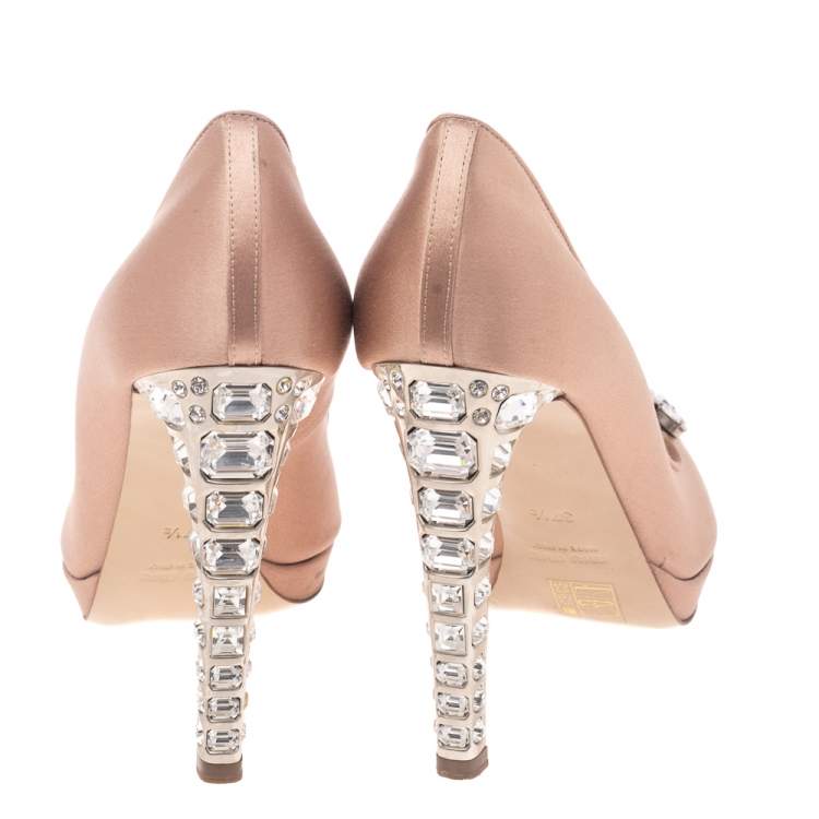 Pre Owned Miu Miu Beige Satin Crystal Embellished Heel Peep Toe Platform Pumps Size 37.5