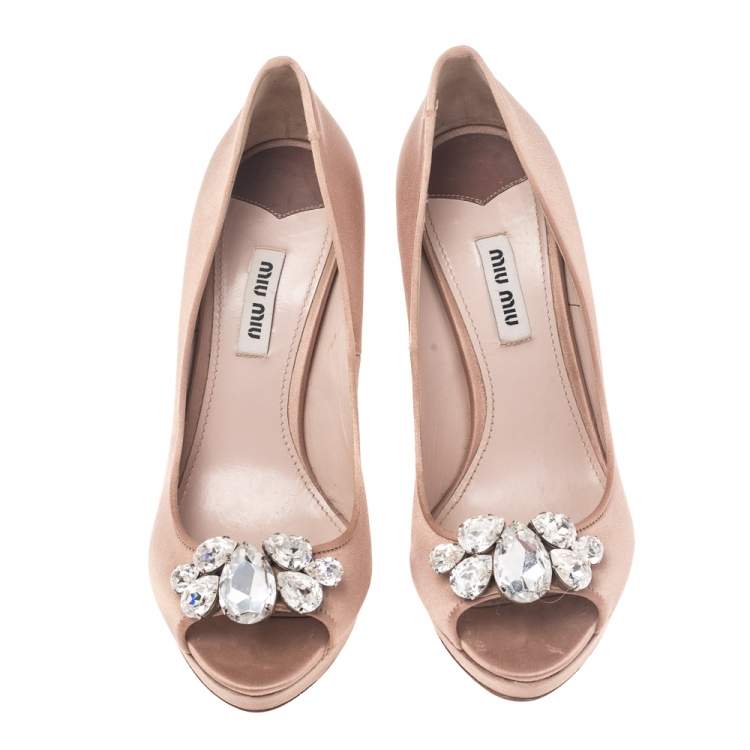 Pre Owned Miu Miu Beige Satin Crystal Embellished Heel Peep Toe Platform Pumps Size 37.5