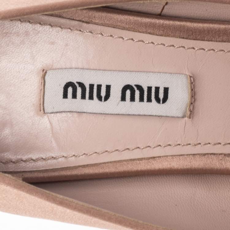 Pre Owned Miu Miu Beige Satin Crystal Embellished Heel Peep Toe Platform Pumps Size 37.5