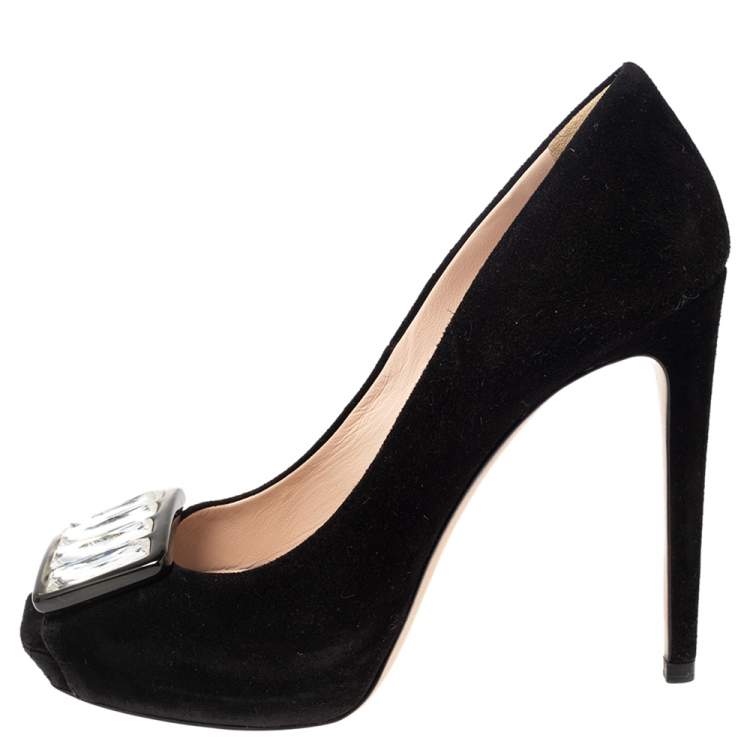 Pre Owned Miu Miu Black Suede Crystal Embellished Peep Toe Platform Pumps Size 37