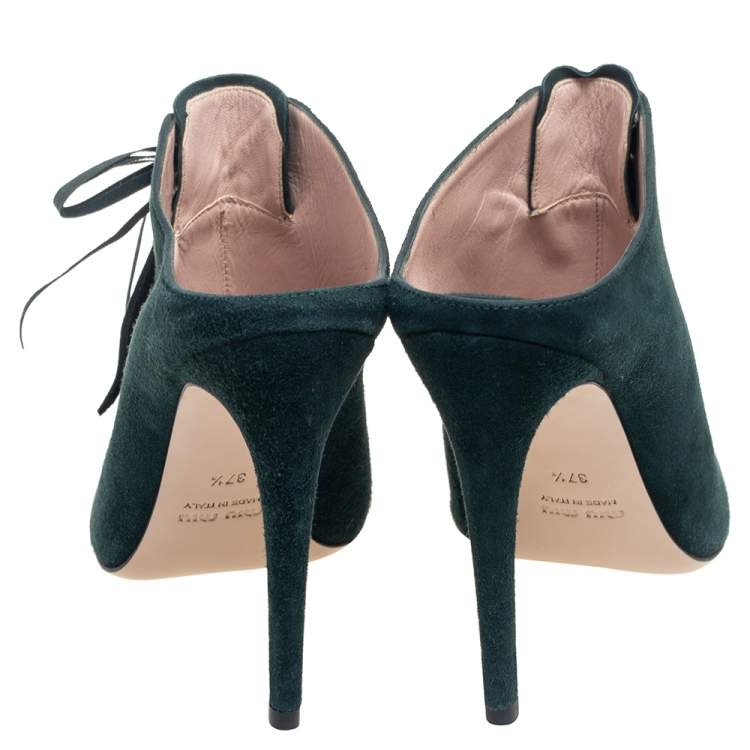 Pre Owned Miu Miu Green Suede Peep Toe Lace Up Mules Size 37.5