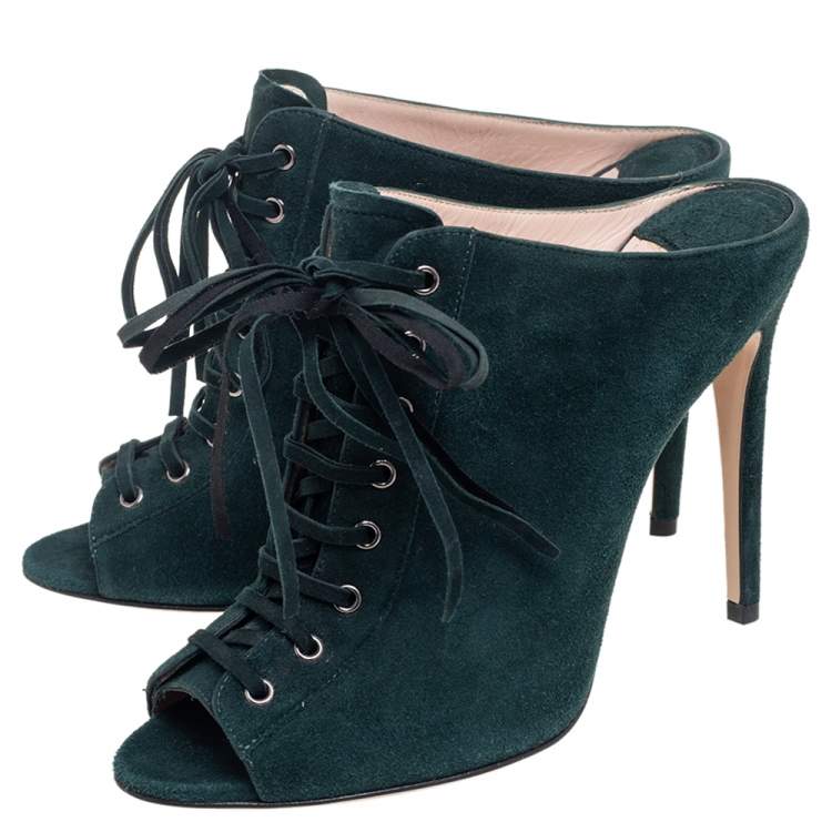 Pre Owned Miu Miu Green Suede Peep Toe Lace Up Mules Size 37.5