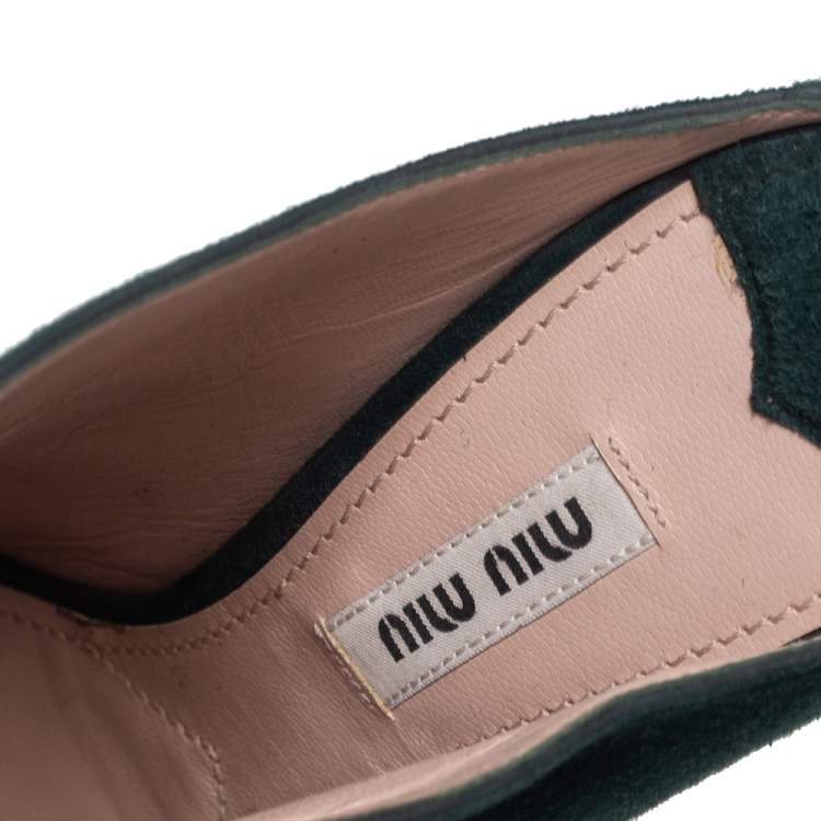 Pre Owned Miu Miu Green Suede Peep Toe Lace Up Mules Size 37.5
