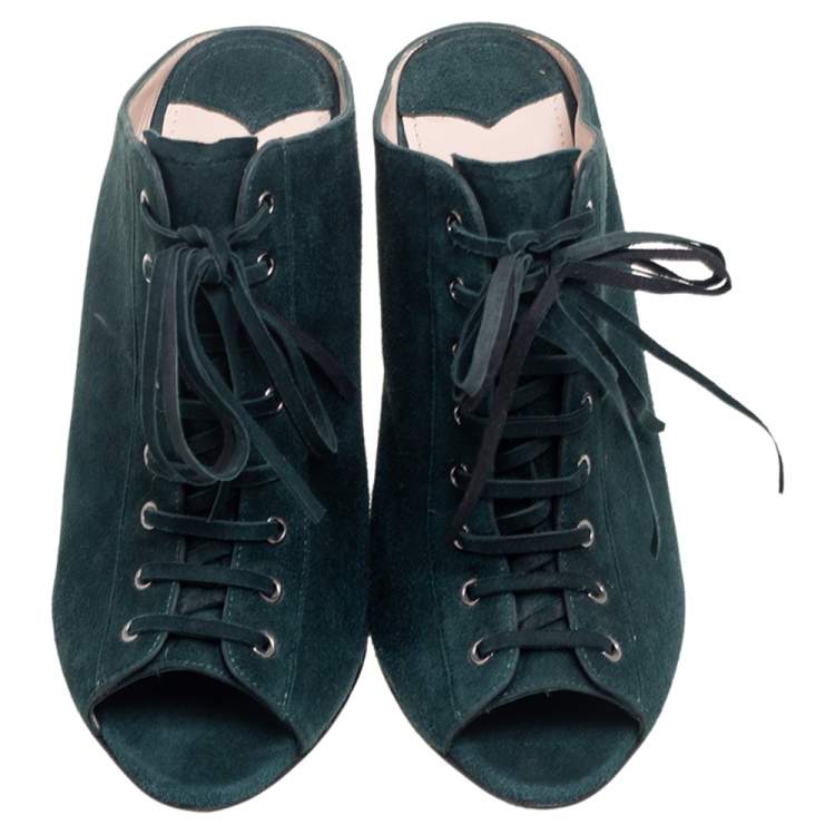 Pre Owned Miu Miu Green Suede Peep Toe Lace Up Mules Size 37.5