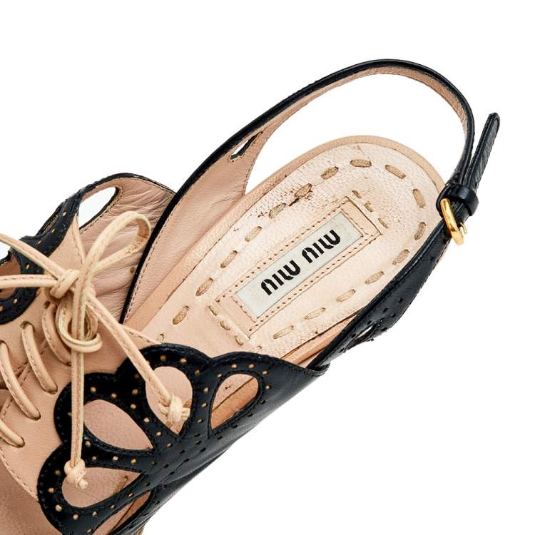 Pre Owned Miu Miu Beige/Black Leather Lace-Up Cut-Out Slingback Sandals Size 37.5