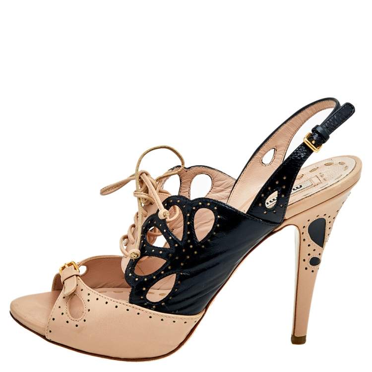 Pre Owned Miu Miu Beige/Black Leather Lace-Up Cut-Out Slingback Sandals Size 37.5