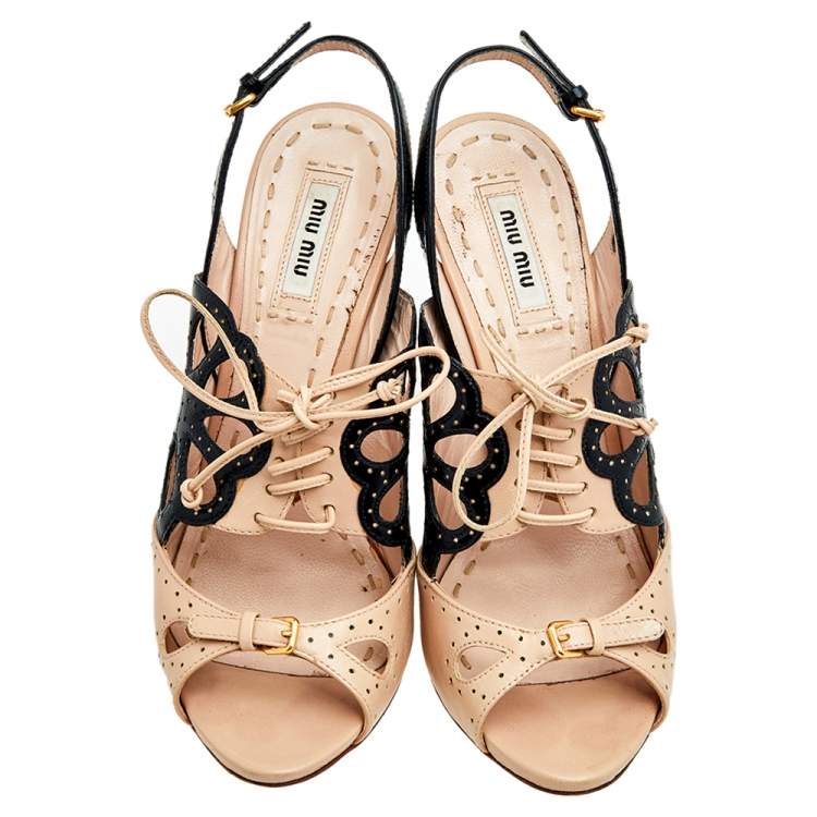 Pre Owned Miu Miu Beige/Black Leather Lace-Up Cut-Out Slingback Sandals Size 37.5