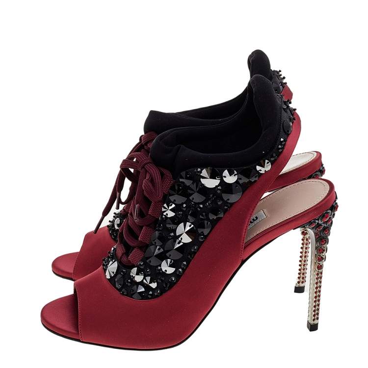 Pre Owned Miu Miu Red-Black Satin And Fabric Crystal Embellished Ankle Sandals Size 38