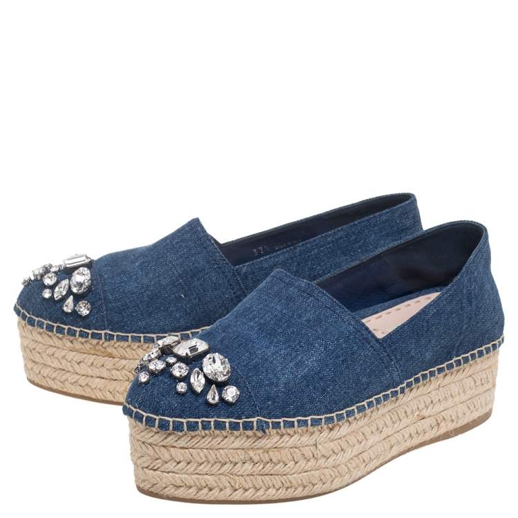 Pre Owned Miu Miu Blue Denim Fabric Crystal Embellished Platform Espadrille Flats Size 37.5
