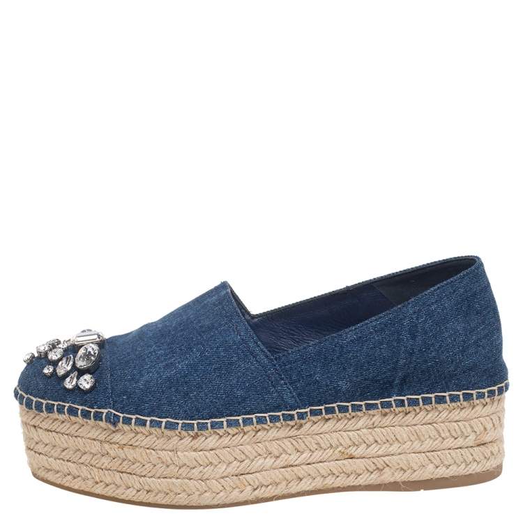 Pre Owned Miu Miu Blue Denim Fabric Crystal Embellished Platform Espadrille Flats Size 37.5