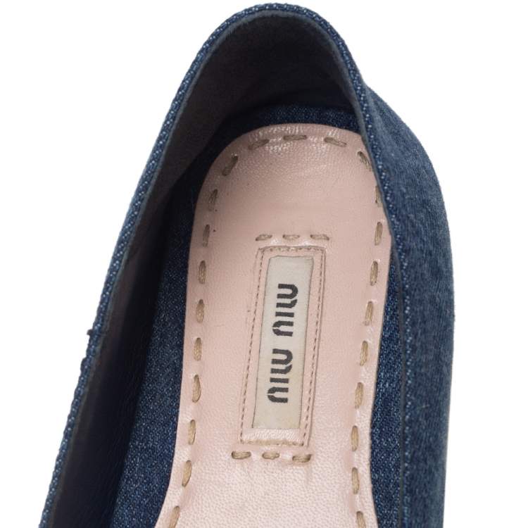 Pre Owned Miu Miu Blue Denim Fabric Crystal Embellished Platform Espadrille Flats Size 37.5