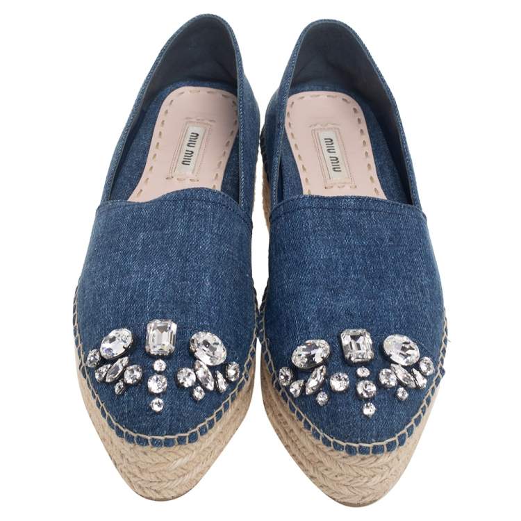 Pre Owned Miu Miu Blue Denim Fabric Crystal Embellished Platform Espadrille Flats Size 37.5