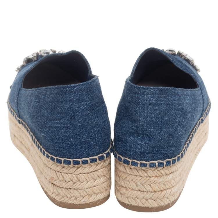 Pre Owned Miu Miu Blue Denim Fabric Crystal Embellished Platform Espadrille Flats Size 37.5